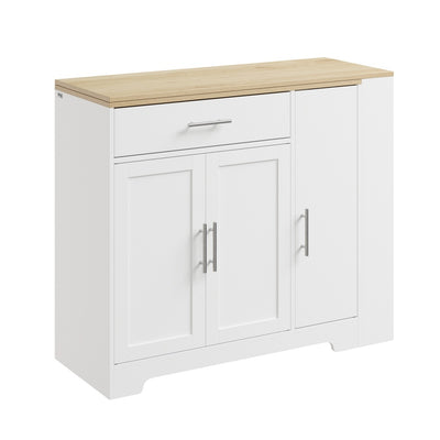 SoBuy FSB110-WN Îlot Central de Cuisine Scandinave avec Tiroir Compartimenté – Plan de Travail Extensible Rabattable, 3 Portes et 2 Étagères – 104×40×89 cm, Charge 100 kg