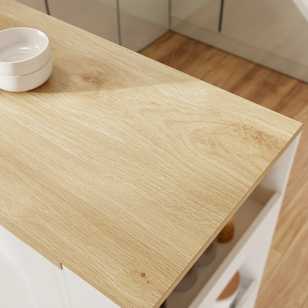 SoBuy FSB110-WN Îlot Central de Cuisine Scandinave avec Tiroir Compartimenté – Plan de Travail Extensible Rabattable, 3 Portes et 2 Étagères – 104×40×89 cm, Charge 100 kg