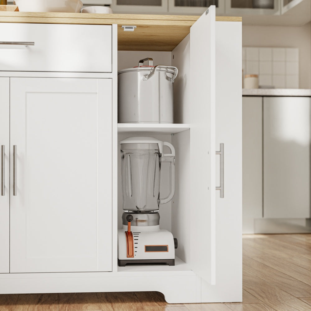 SoBuy FSB110-WN Îlot Central de Cuisine Scandinave avec Tiroir Compartimenté – Plan de Travail Extensible Rabattable, 3 Portes et 2 Étagères – 104×40×89 cm, Charge 100 kg