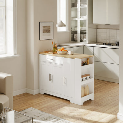 SoBuy FSB110-WN Îlot Central de Cuisine Scandinave avec Tiroir Compartimenté – Plan de Travail Extensible Rabattable, 3 Portes et 2 Étagères – 104×40×89 cm, Charge 100 kg