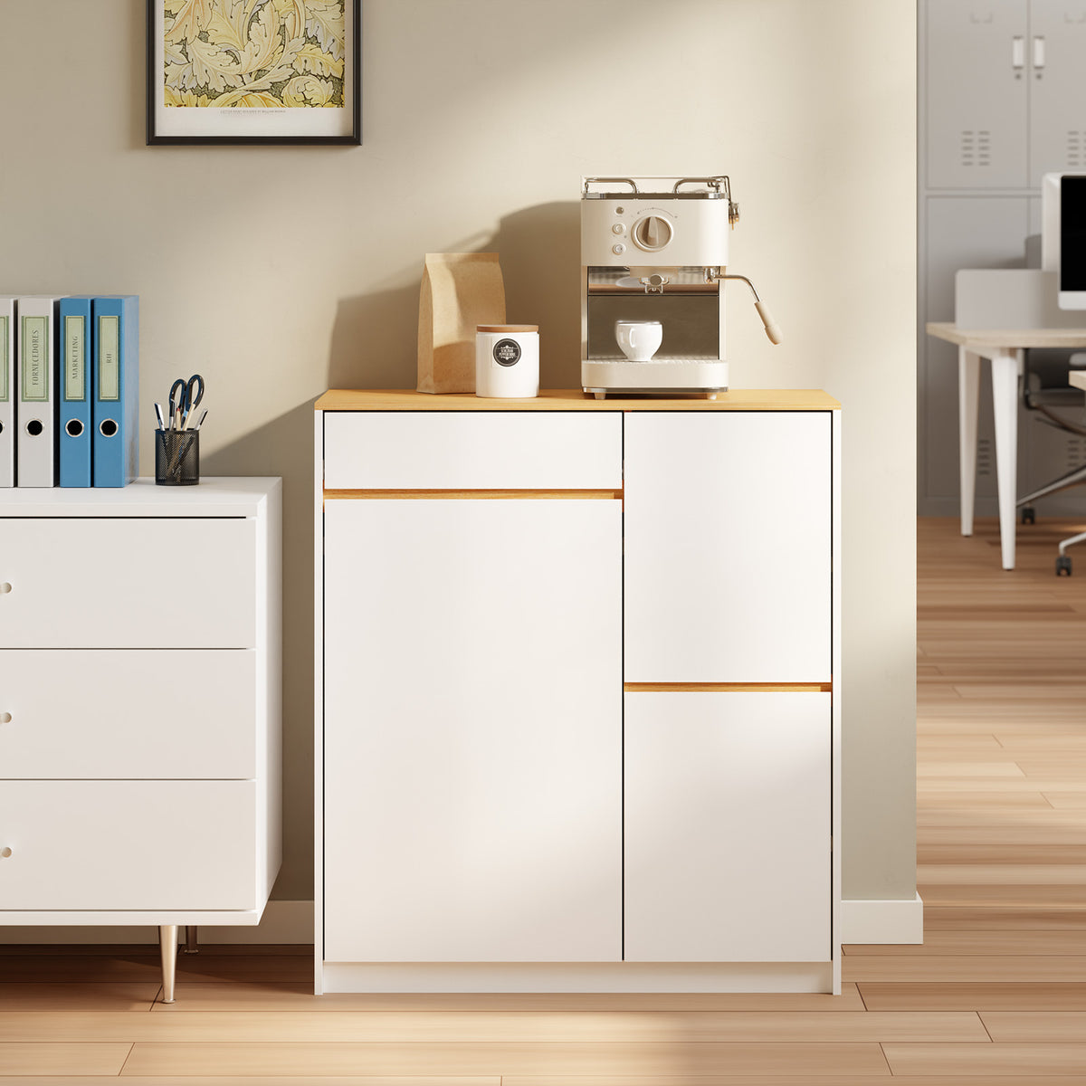 SoBuy FSB111-WN Buffet de Cuisine avec Plan de Travail – 3 Tiroirs et 2 Portes, Style Scandinave – 80×38×90 cm, Blanc et Bois