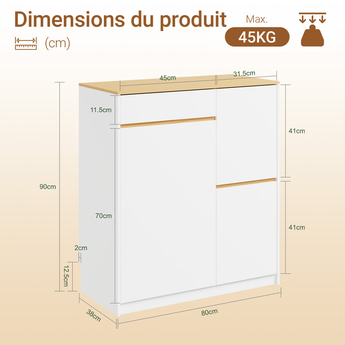 SoBuy FSB111-WN Buffet de Cuisine avec Plan de Travail – 3 Tiroirs et 2 Portes, Style Scandinave – 80×38×90 cm, Blanc et Bois