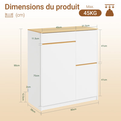 SoBuy FSB111-WN Buffet de Cuisine avec Plan de Travail – 3 Tiroirs et 2 Portes, Style Scandinave – 80×38×90 cm, Blanc et Bois