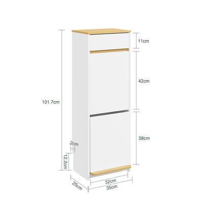 SoBuy FSB112-WN Meuble Poubelle 2 Compartiments avec Pédale et Tiroir – Rangement Blanc Aspect Chêne – 35×25×101,7 cm, Blanc et Chêne