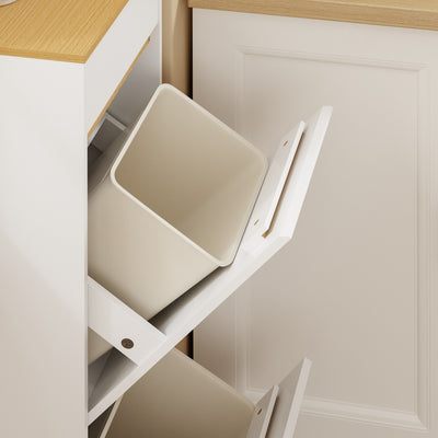 SoBuy FSB112-WN Meuble Poubelle 2 Compartiments avec Pédale et Tiroir – Rangement Blanc Aspect Chêne – 35×25×101,7 cm, Blanc et Chêne