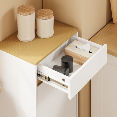 SoBuy FSB112-WN Meuble Poubelle 2 Compartiments avec Pédale et Tiroir – Rangement Blanc Aspect Chêne – 35×25×101,7 cm, Blanc et Chêne