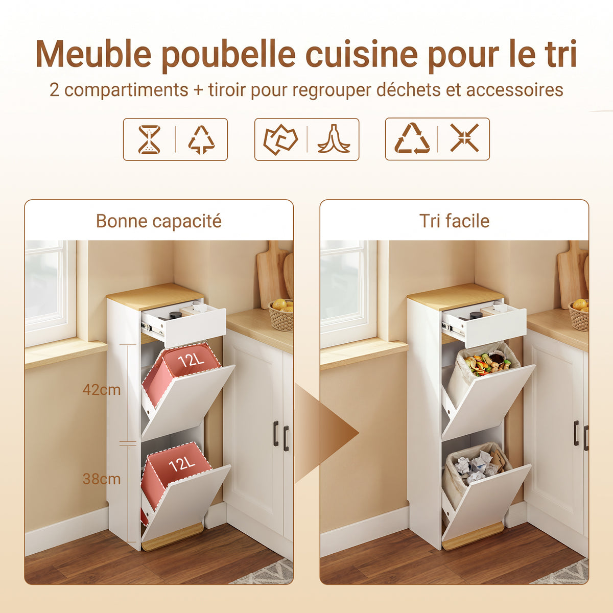 SoBuy FSB112-WN Meuble Poubelle 2 Compartiments avec Pédale et Tiroir – Rangement Blanc Aspect Chêne – 35×25×101,7 cm, Blanc et Chêne