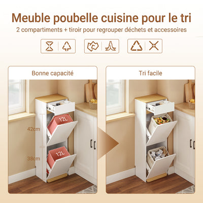 SoBuy FSB112-WN Meuble Poubelle 2 Compartiments avec Pédale et Tiroir – Rangement Blanc Aspect Chêne – 35×25×101,7 cm, Blanc et Chêne
