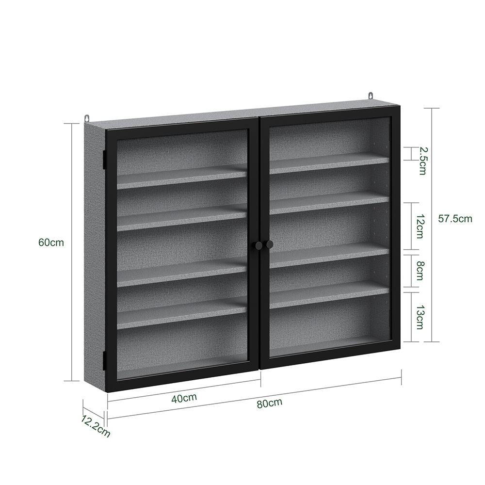 SoBuy FSB113-DG Vitrine Murale Suspendue avec Portes en Verre – Étagère Murale 5 Compartiments pour Collection, Finition Mélaminée Gris – 80×12,2×60 cm, Charge 10 kg