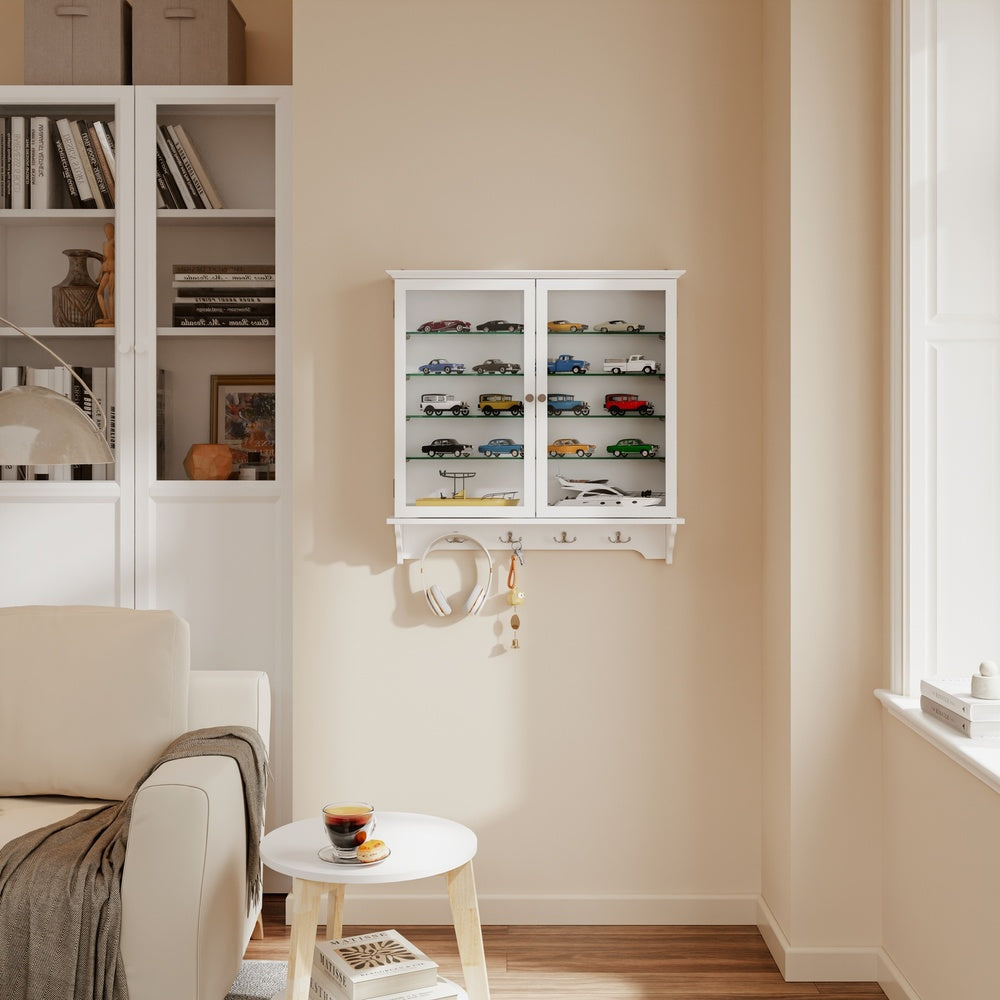SoBuy FSB114-E-W Armoire Murale Suspendue Blanche 2 Portes Vitrées – Meuble de Rangement Peu Profond avec Éclairage LED pour Salle de Bain, Cuisine et Salon – 68×13,5×68,5 cm, Charge 18 kg