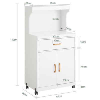 SoBuy FSB12-W Desserte Cuisine à Roulettes avec Micro-Ondes – Tiroir, 2 Portes, Poignées Bois, Blanc