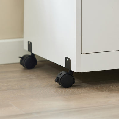 SoBuy FSB12-W Desserte Cuisine à Roulettes avec Micro-Ondes – Tiroir, 2 Portes, Poignées Bois, Blanc