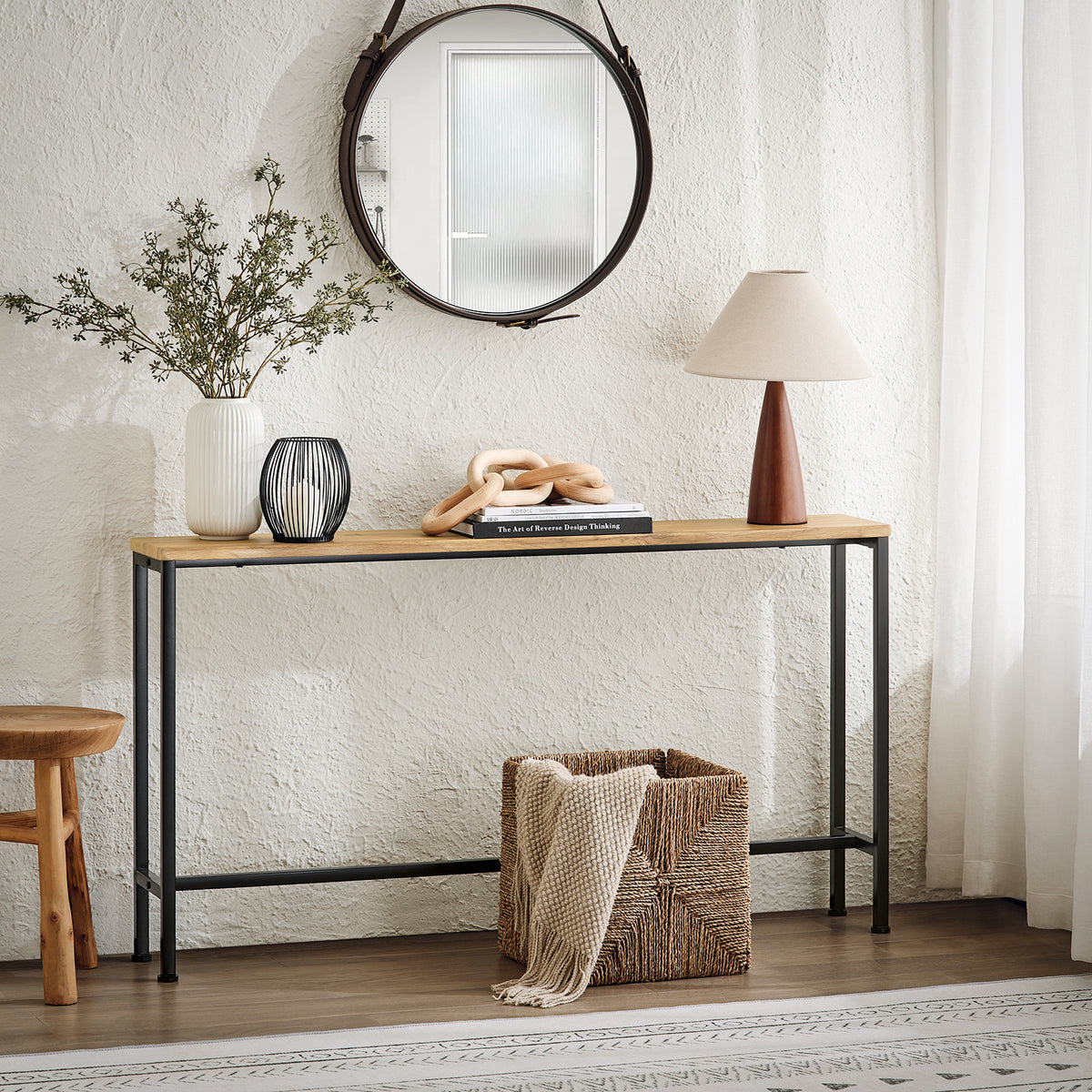 SoBuy FSB19-E Console d’Entrée Design Fonctionnel et Gain de Place, Design Moderne, Structure Robuste, Usage Quotidien – L120×P20×H65 cm, Métal, Naturel et Noir