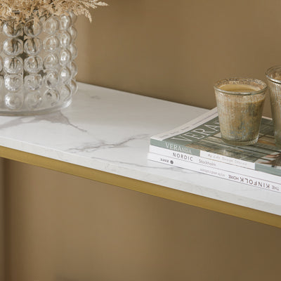 SoBuy FSB29-G Table Console Table d'Appoint Bout de Canapé Table d’Entrée Effet Marbre Cadre et 4 Pieds en Fer Haute Qualité – L80cm x P30cm x H75cm - Doré