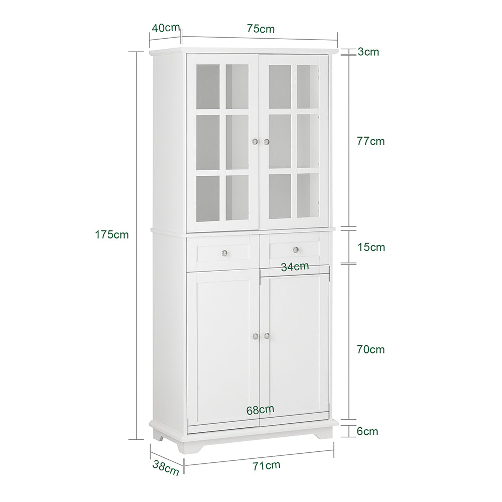 SoBuy FSB76-W Buffet Haut avec 2 Portes Vitrées, 2 Portes et 2 Tiroirs – L75×P40×H175 cm, Charge 100 kg, MDF E1, Blanc