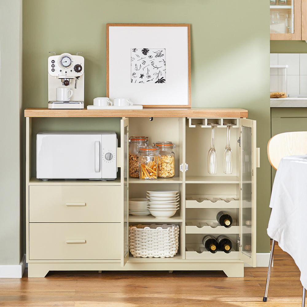SoBuy FSB81-MI Buffet Cuisine avec Espace Micro-Ondes et Range-Bouteilles, pour Cuisine et Salle à Manger, Rangement Optimisé – L120×P40×H90 cm, Beige