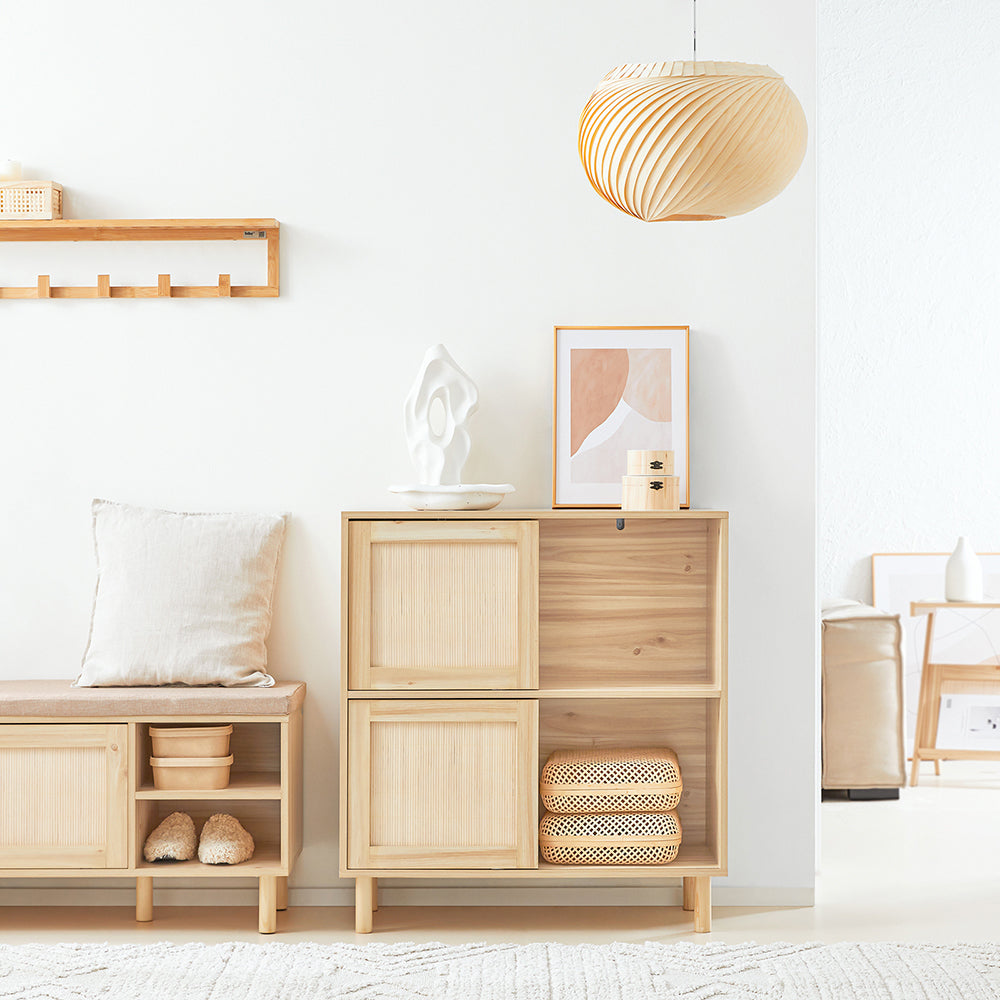 SoBuy FSB87-N Buffet à Portes Coulissantes en Bambou – 4 Compartiments, 80 × 35 × 87 cm, Naturel
