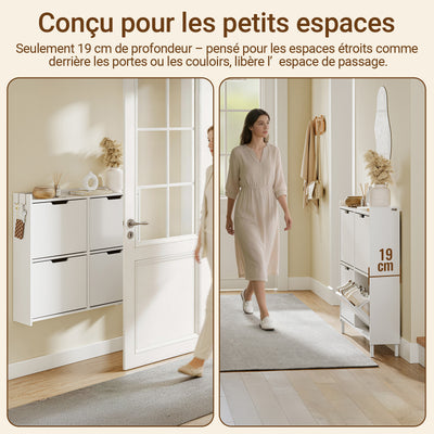 SoBuy FSR100-E-W Meuble Chaussures Entrée avec LED Détection Automatique – Ultra-Slim 19 cm, Crochets, Fixation Murale ou Sol, 8-12 Paires, Blanc