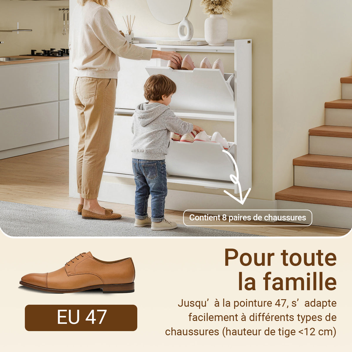 SoBuy FSR100-E-W Meuble Chaussures Entrée avec LED Détection Automatique – Ultra-Slim 19 cm, Crochets, Fixation Murale ou Sol, 8-12 Paires, Blanc