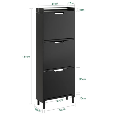 SoBuy FSR151-H-E-SCH Armoire à Chaussures Ultra-Slim 19 cm – 3 Abattants, Noir Mat avec LED