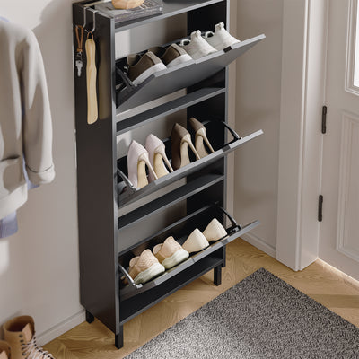 SoBuy FSR151-H-E-SCH Armoire à Chaussures Ultra-Slim 19 cm – 3 Abattants, Noir Mat avec LED