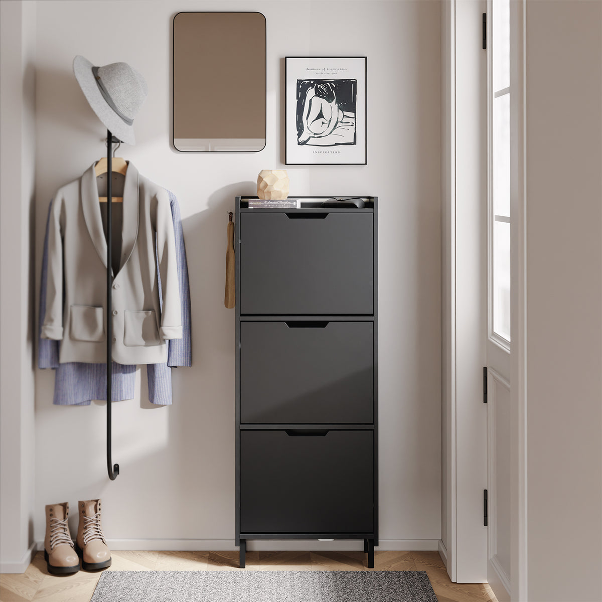 SoBuy FSR151-H-E-SCH Armoire à Chaussures Ultra-Slim 19 cm – 3 Abattants, Noir Mat avec LED