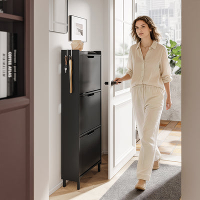 SoBuy FSR151-H-E-SCH Armoire à Chaussures Ultra-Slim 19 cm – 3 Abattants, Noir Mat avec LED