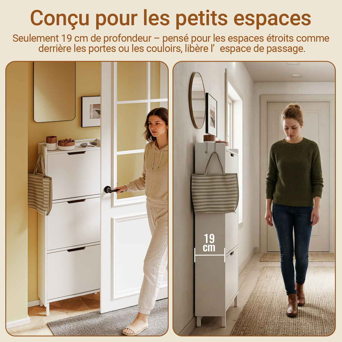 SoBuy FSR151-H-E-W Armoire à Chaussures Ultra-Slim 19 cm – 3 Abattants – Entrée Gain de Place – Blanc avec LED