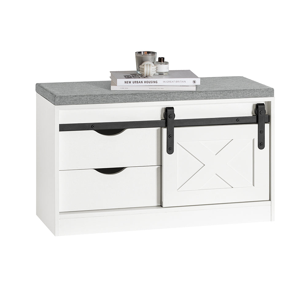 SoBuy FSR153-W Banc à Chaussures avec Coussin Rembourré et Porte de Grange Coulissante pour Entrée – 80x30x49 cm, Blanc