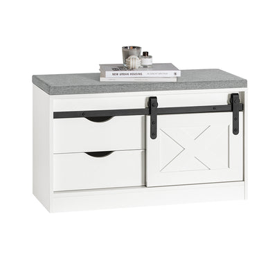 SoBuy FSR153-W Banc à Chaussures avec Coussin Rembourré et Porte de Grange Coulissante pour Entrée – 80x30x49 cm, Blanc