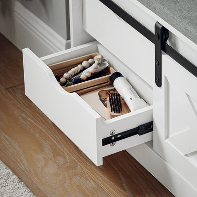SoBuy FSR153-W Banc à Chaussures avec Coussin Rembourré et Porte de Grange Coulissante pour Entrée – 80x30x49 cm, Blanc