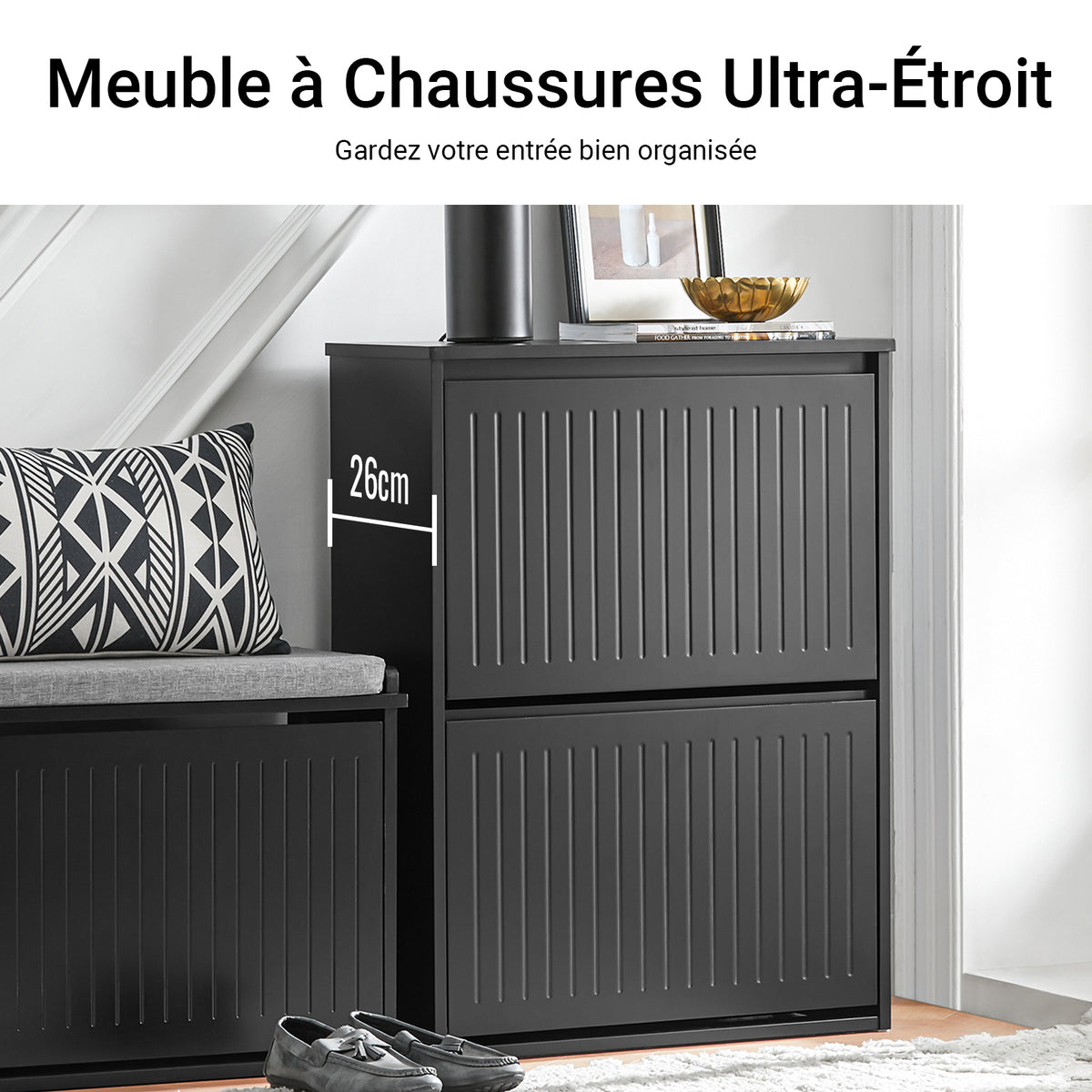 SoBuy FSR165-K-SCH Meuble à Chaussures à Abattants 2 Niveaux – Rangement Discret pour Entrée – 61x26x81 cm Noir