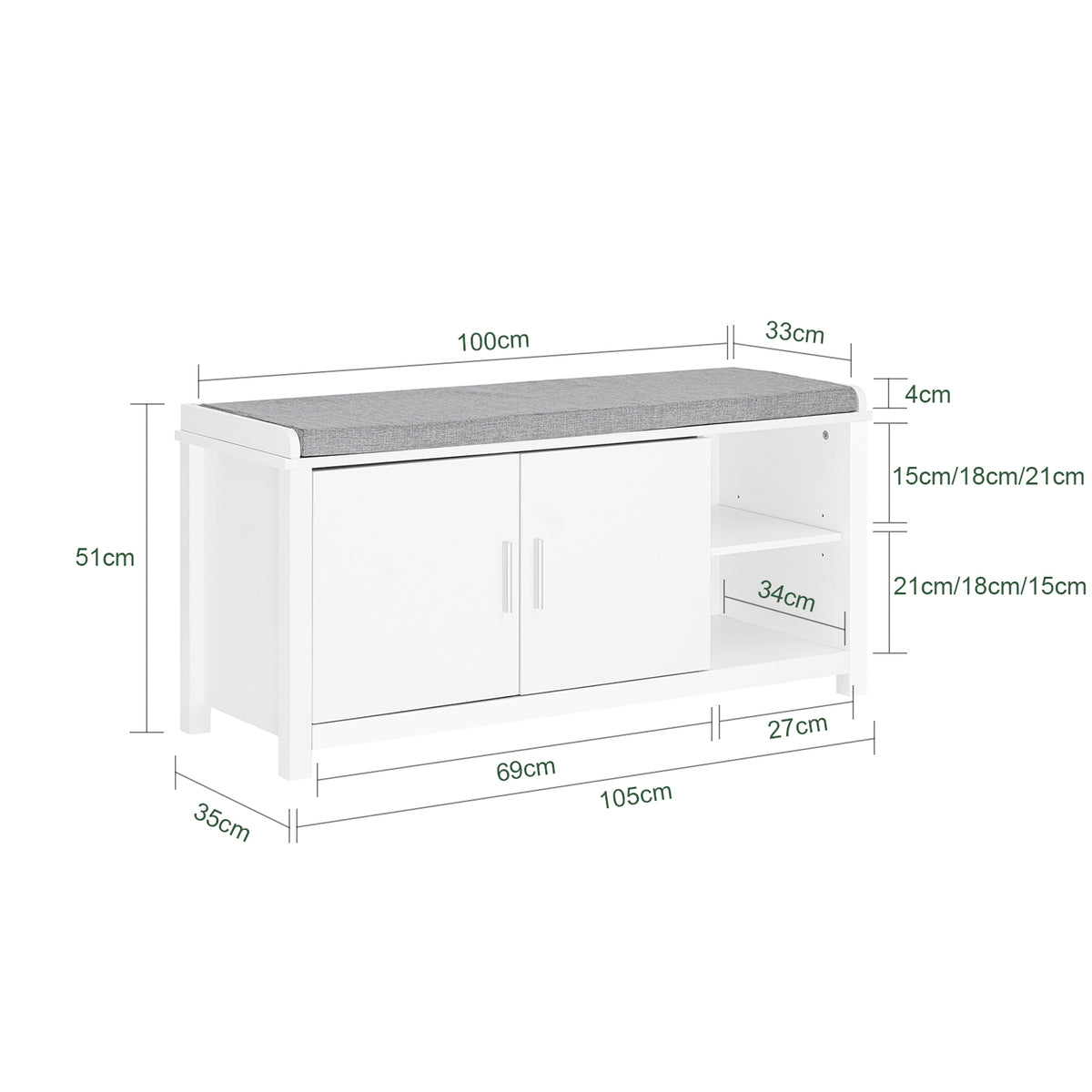 SoBuy FSR168-W Banc à Chaussures Banc de Rangement Meuble d'Entrée Meuble à Chaussures, 2 Portes Coussin Rembourré