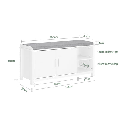 SoBuy FSR168-W Banc à Chaussures Banc de Rangement Meuble d'Entrée Meuble à Chaussures, 2 Portes Coussin Rembourré