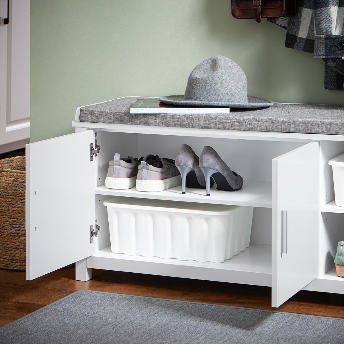 SoBuy FSR168-W Banc à Chaussures Banc de Rangement Meuble d'Entrée Meuble à Chaussures, 2 Portes Coussin Rembourré