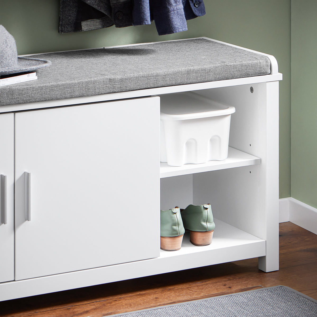 SoBuy FSR168-W Banc à Chaussures Banc de Rangement Meuble d'Entrée Meuble à Chaussures, 2 Portes Coussin Rembourré
