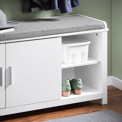 SoBuy FSR168-W Banc à Chaussures Banc de Rangement Meuble d'Entrée Meuble à Chaussures, 2 Portes Coussin Rembourré