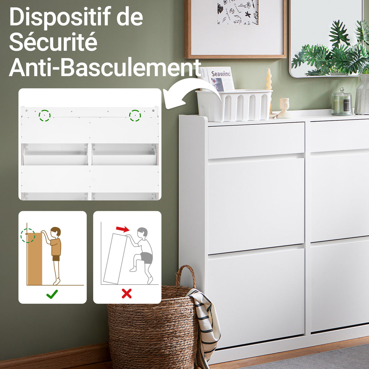 SoBuy FSR169-W Meuble à Chaussures Ultra-Slim 19 cm à Abattants – Rangement Discret – Blanc