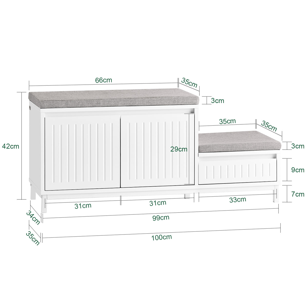 SoBuy FSR172-W Banc à Chaussures pour Enfants avec 2 Coussins Rembourrés, 2 Portes et 1 Tiroir, Charge 181 kg pour Entrée – 100x35x42 cm, Blanc