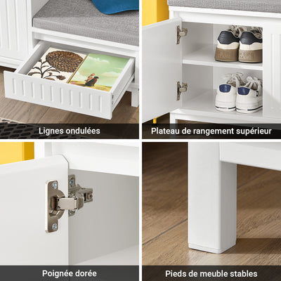 SoBuy FSR172-W Banc à Chaussures pour Enfants avec 2 Coussins Rembourrés, 2 Portes et 1 Tiroir, Charge 181 kg pour Entrée – 100x35x42 cm, Blanc
