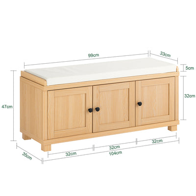 SoBuy FSR188-N Banc à Chaussures avec Coussin – 3 Portes, 4 Compartiments, 10 Paires, 225 kg, 104×35×47 cm, Naturel