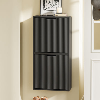 SoBuy FSR204-SCH Meuble à Chaussures Mural 19 cm avec 2 Portes Abattantes et 2 Étagères – Installation Horizontale ou Verticale, Noir, 50×19×100 cm