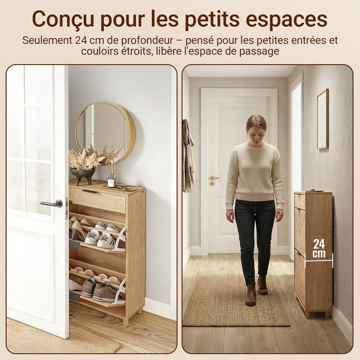 SoBuy FSR212-N Meuble à Chaussures pour Entrée Étroite – 24 cm de Profondeur, Chêne Naturel