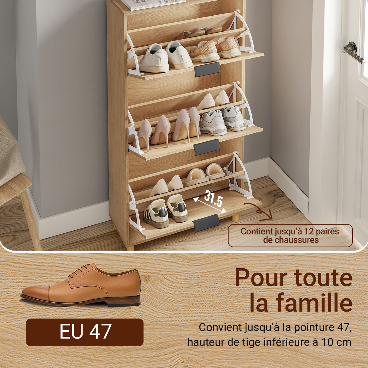 SoBuy FSR213-N Meuble à Chaussures – 24 cm de Profondeur, 120 cm de Hauteur, Naturel