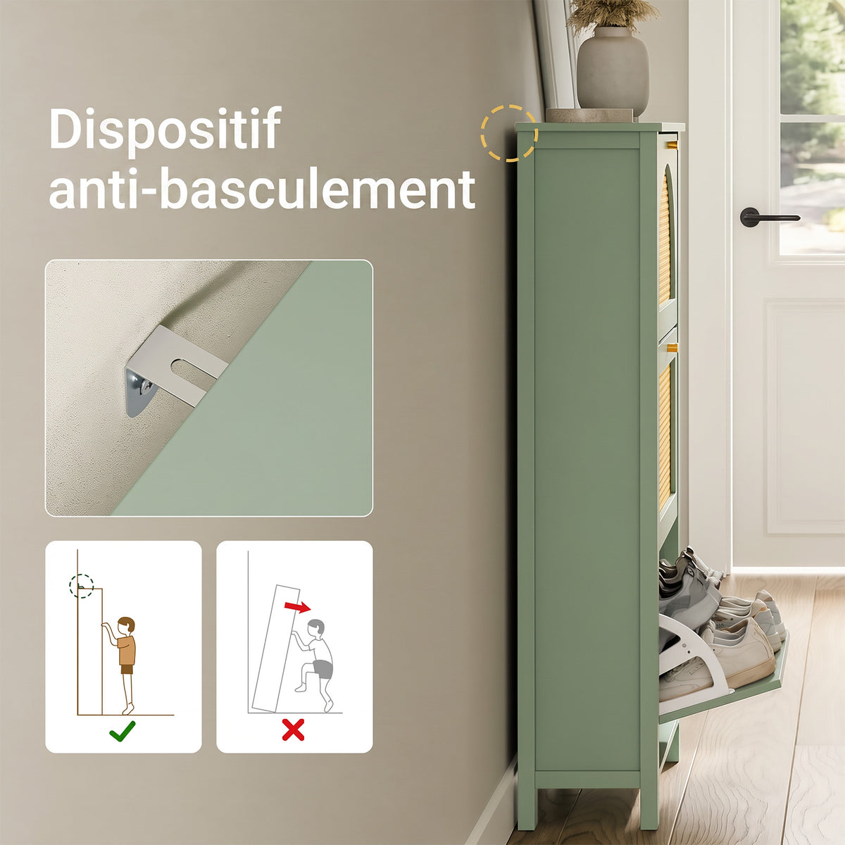 SoBuy FSR222-GR Armoire à Chaussures 3 Abattants en Rotin – 12 à 18 Paires, Style Scandinave – 62×25×121 cm, Vert