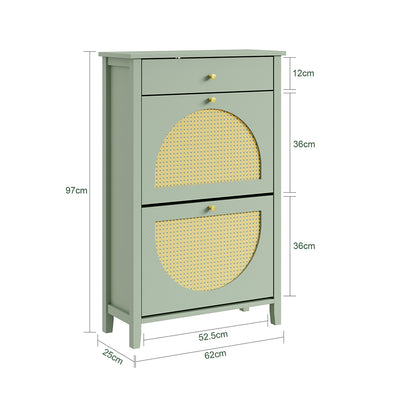 SoBuy FSR223-GR Armoire à Chaussures Cannage 2 Abattants et 1 Tiroir – 12 Paires, Meuble d'Entrée – 62×25×97 cm, Vert