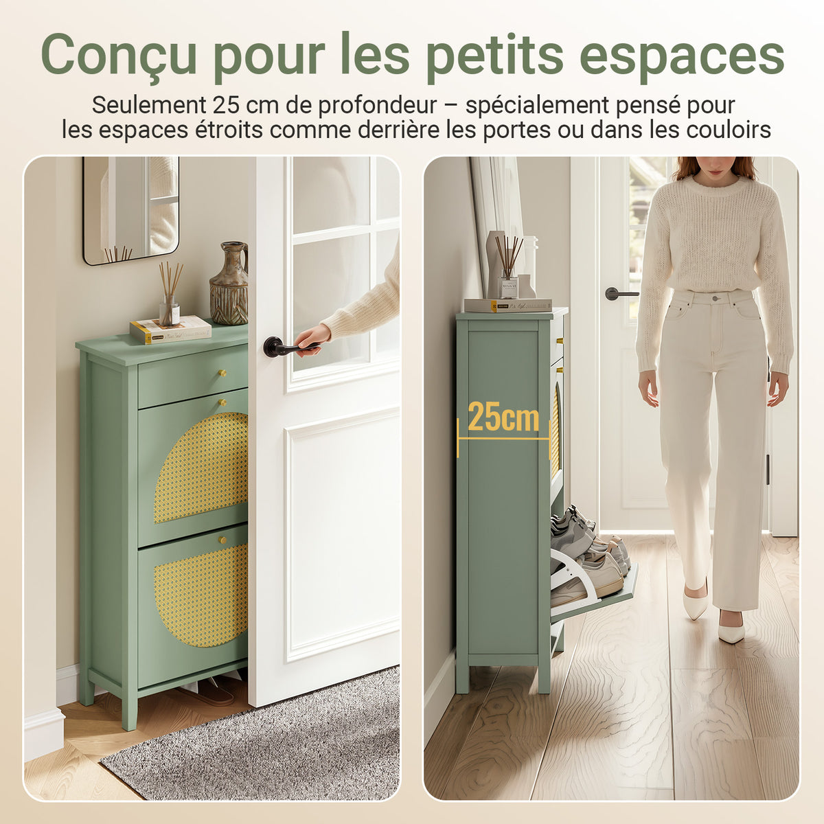 SoBuy FSR223-GR Armoire à Chaussures Cannage 2 Abattants et 1 Tiroir – 12 Paires, Meuble d'Entrée – 62×25×97 cm, Vert