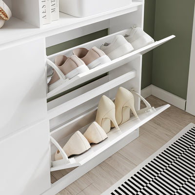SoBuy FSR224-E-W Meuble à Chaussures Étroit avec LED et 2 Tiroirs – Abattants, 12 Paires – 98×19×120 cm, Blanc