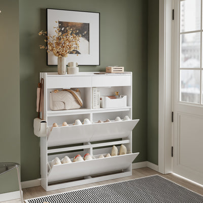 SoBuy FSR224-E-W Meuble à Chaussures Étroit avec LED et 2 Tiroirs – Abattants, 12 Paires – 98×19×120 cm, Blanc