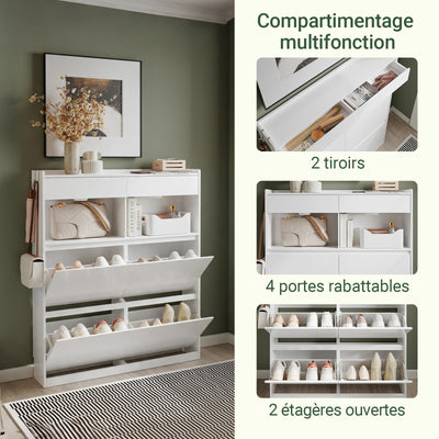SoBuy FSR224-E-W Meuble à Chaussures Étroit avec LED et 2 Tiroirs – Abattants, 12 Paires – 98×19×120 cm, Blanc